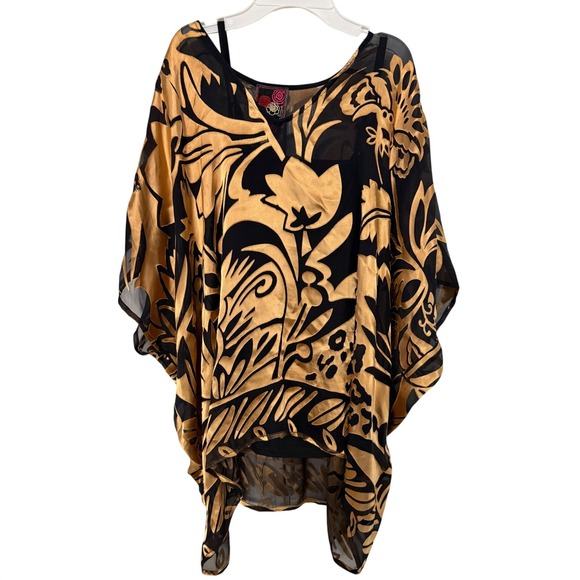 Johnny Was Davidii Burnout Croft Poncho Black Gold Floral Silk Top C17725-O L/XL